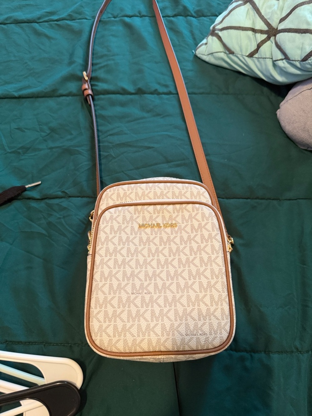 Michael Kors Beige MK Logo Crossbody with Brown Trim